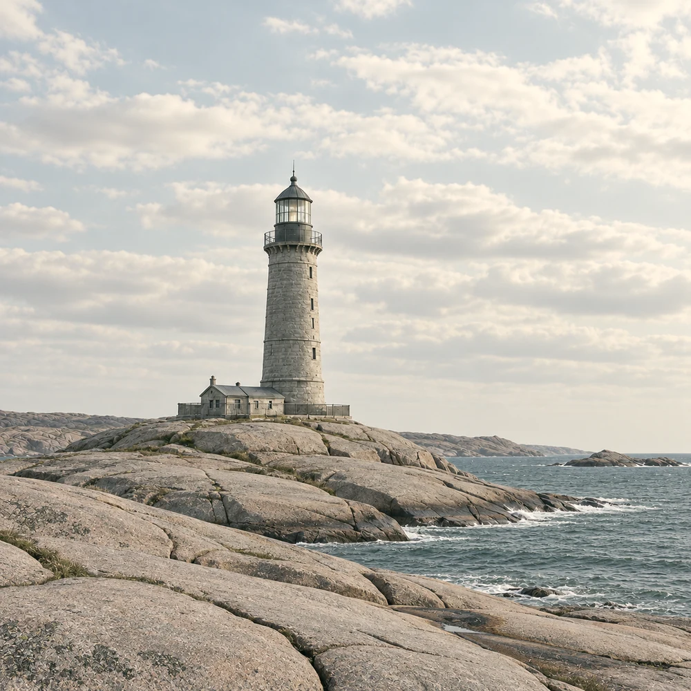 En fyr på granithällar vid havet
